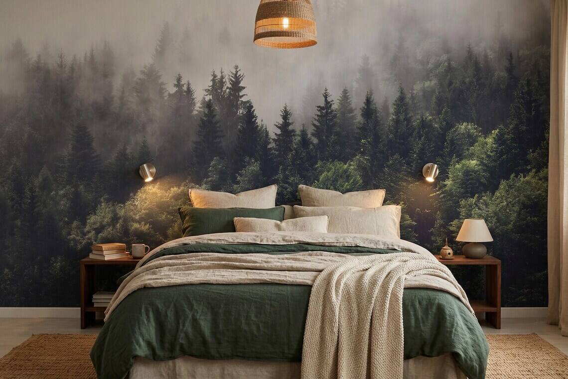Foggy Forest Wallpaper Moody Pine Trees Wall Mural Dark Green Nature Landscape Scandinavian Style
