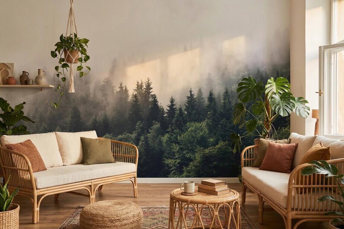 Foggy Forest Wallpaper Moody Pine Trees Wall Mural Dark Green Nature Landscape Scandinavian Style