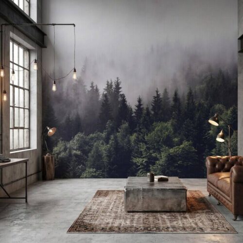 Foggy Forest Wallpaper Moody Pine Trees Wall Mural Dark Green Nature Landscape Scandinavian Style