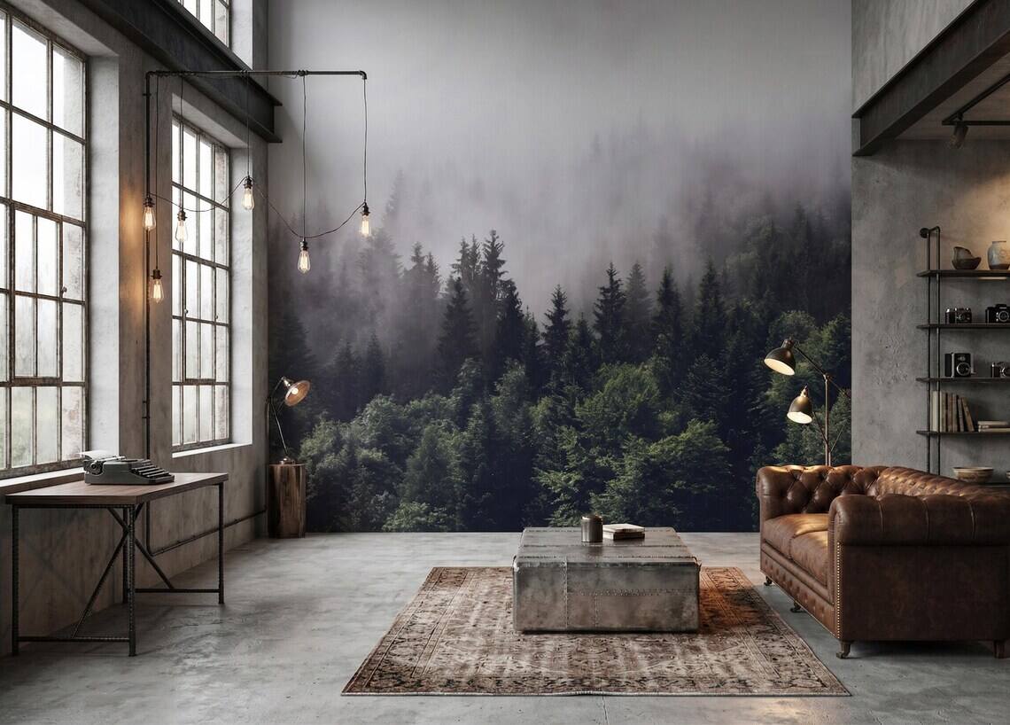 Foggy Forest Wallpaper Moody Pine Trees Wall Mural Dark Green Nature Landscape Scandinavian Style