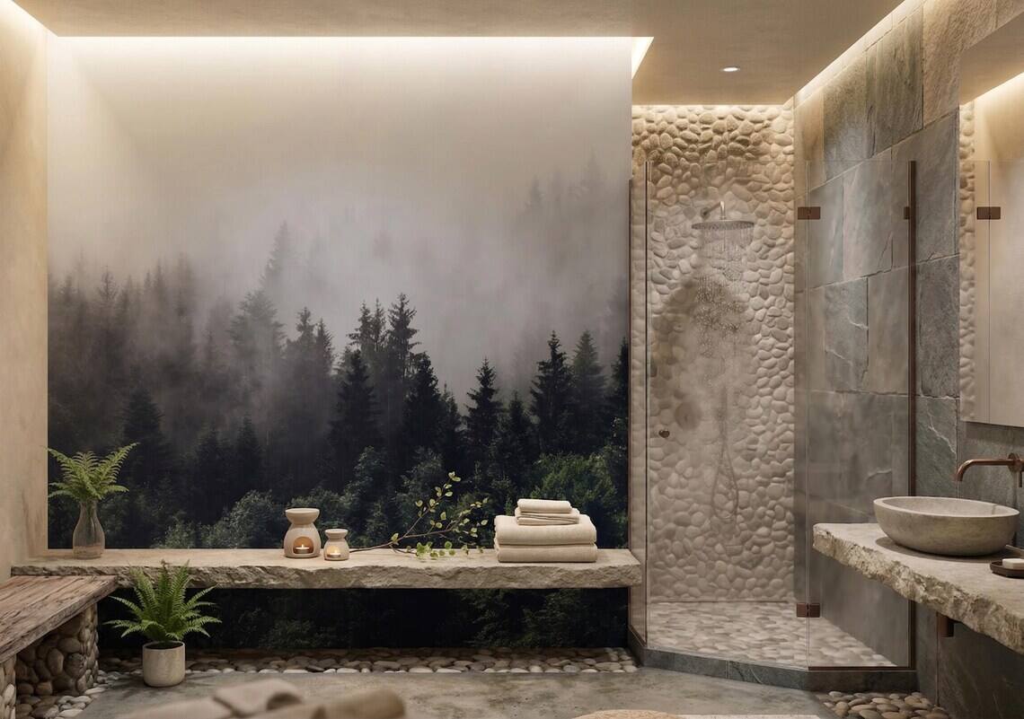 Foggy Forest Wallpaper Moody Pine Trees Wall Mural Dark Green Nature Landscape Scandinavian Style