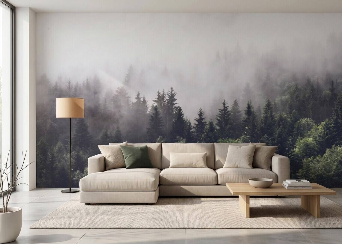 Foggy Forest Wallpaper Moody Pine Trees Wall Mural Dark Green Nature Landscape Scandinavian Style