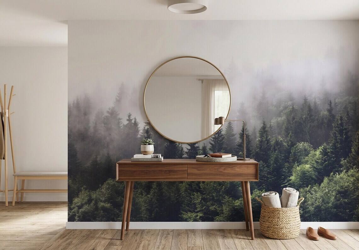 Foggy Forest Wallpaper Moody Pine Trees Wall Mural Dark Green Nature Landscape Scandinavian Style