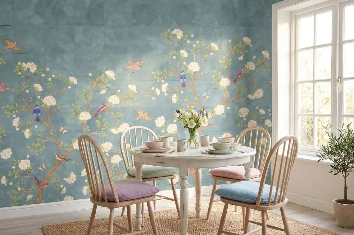 French Moire Chinoiserie Wallpaper Mural Modern Floral Wall Decor Peel And Stick