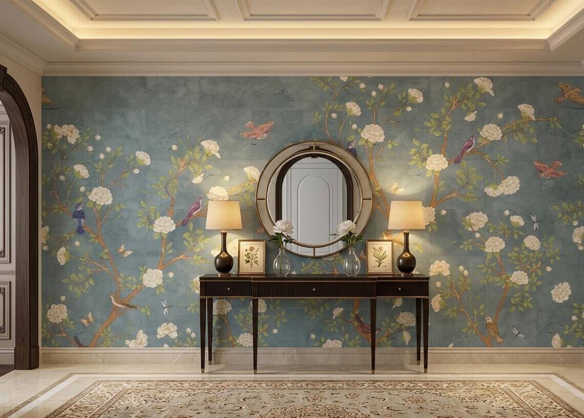 French Moire Chinoiserie Wallpaper Mural Modern Floral Wall Decor Peel And Stick
