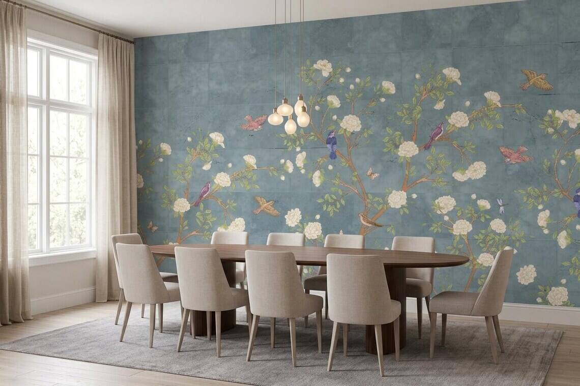 French Moire Chinoiserie Wallpaper Mural Modern Floral Wall Decor Peel And Stick