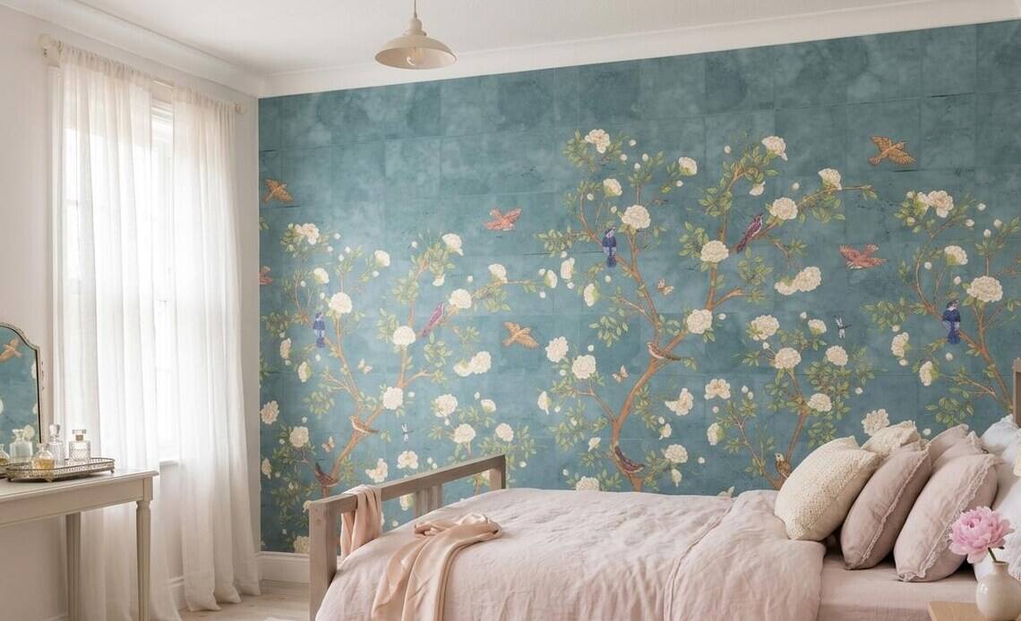 French Moire Chinoiserie Wallpaper Mural Modern Floral Wall Decor Peel And Stick