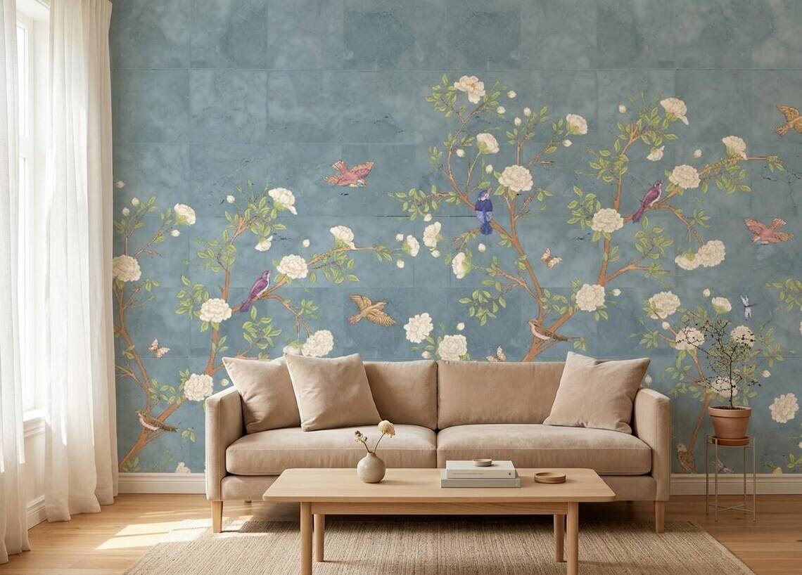 French Moire Chinoiserie Wallpaper Mural Modern Floral Wall Decor Peel And Stick