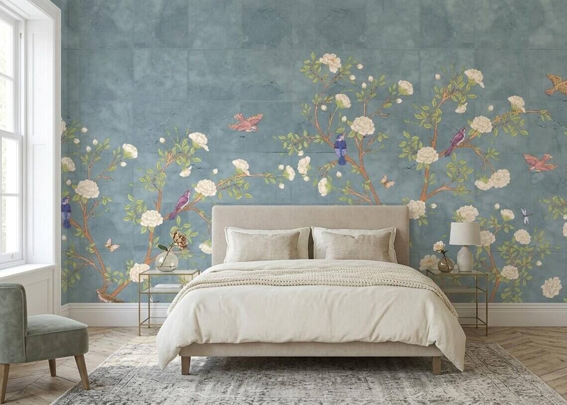 French Moire Chinoiserie Wallpaper Mural Modern Floral Wall Decor Peel And Stick