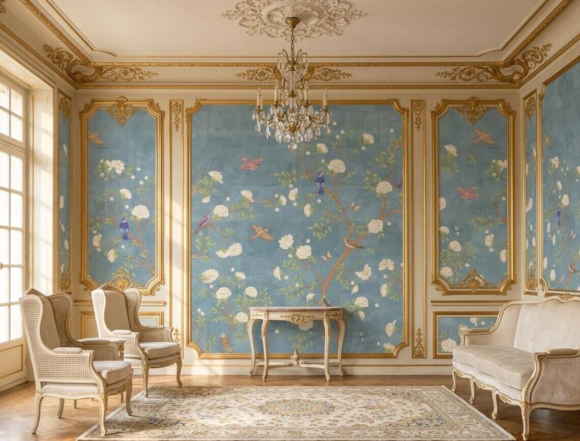 French Moire Chinoiserie Wallpaper Mural Modern Floral Wall Decor Peel And Stick