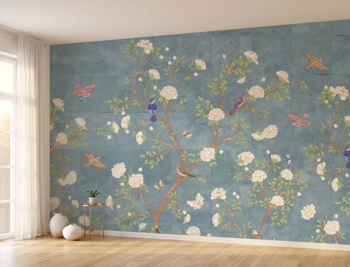 French Moire Chinoiserie Wallpaper Mural Modern Floral Wall Decor Peel And Stick