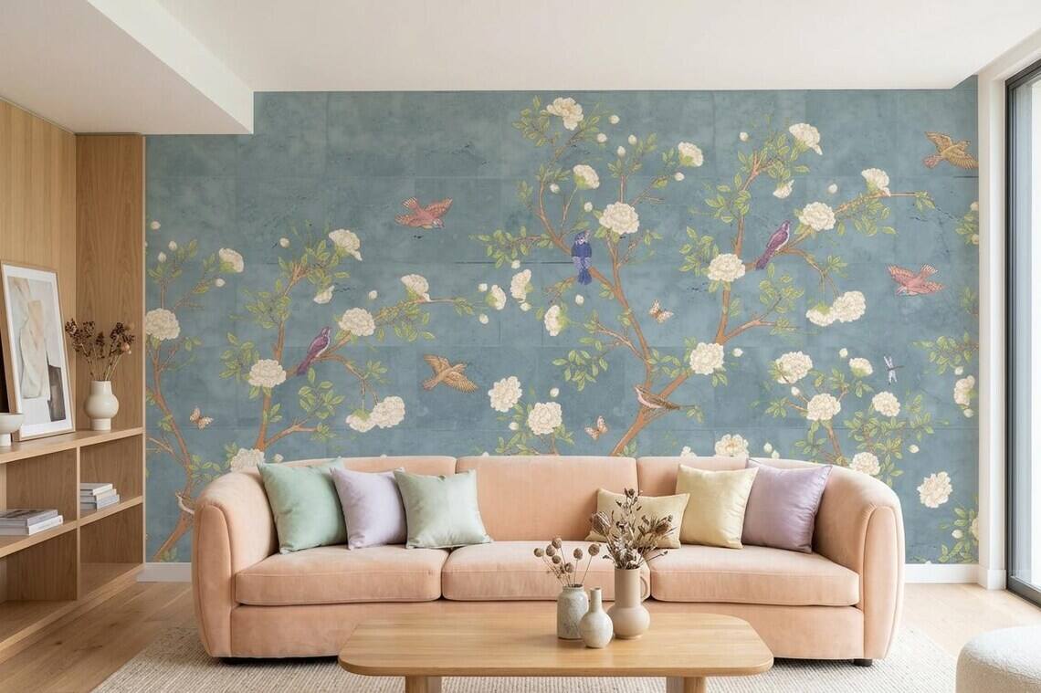 French Moire Chinoiserie Wallpaper Mural Modern Floral Wall Decor Peel And Stick