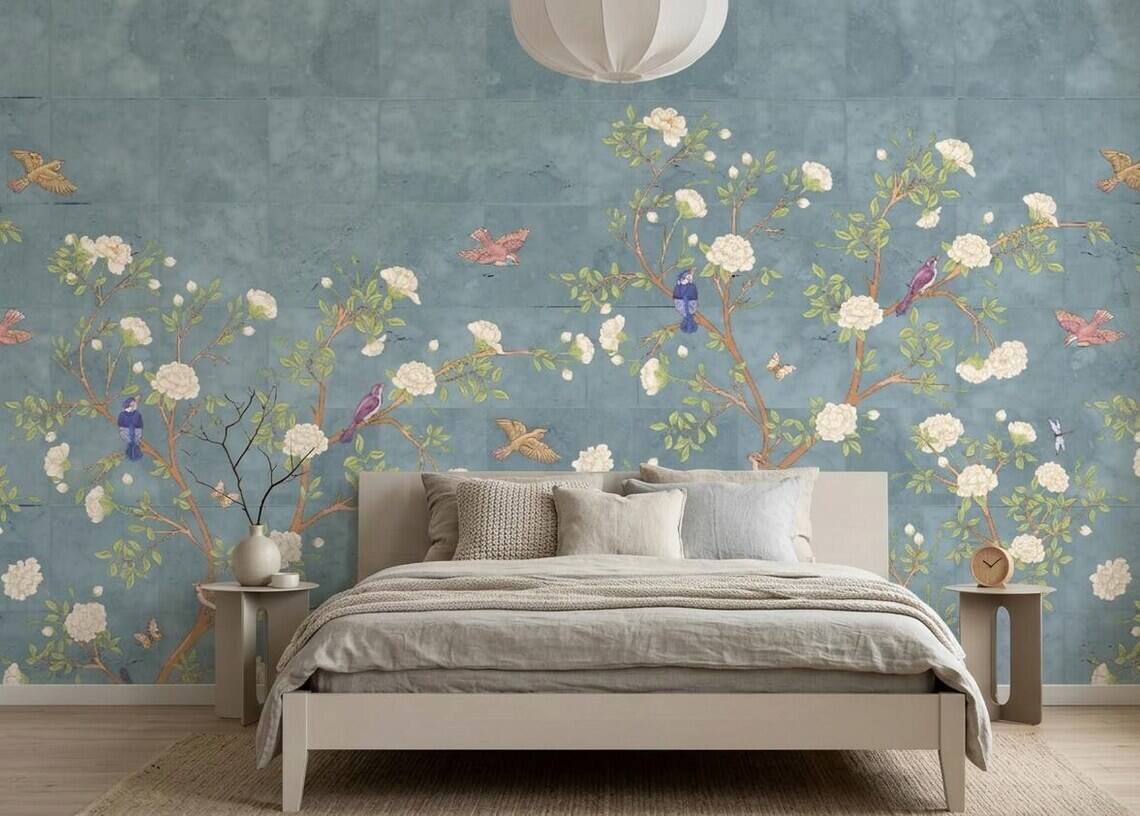 French Moire Chinoiserie Wallpaper Mural Modern Floral Wall Decor Peel And Stick