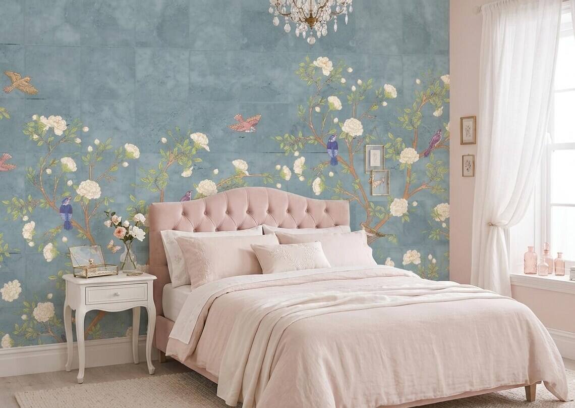 French Moire Chinoiserie Wallpaper Mural Modern Floral Wall Decor Peel And Stick
