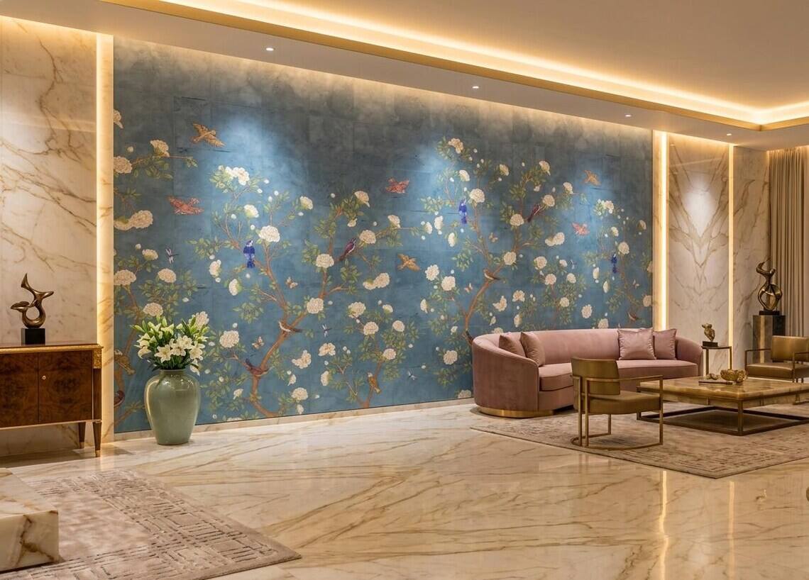 French Moire Chinoiserie Wallpaper Mural Modern Floral Wall Decor Peel And Stick