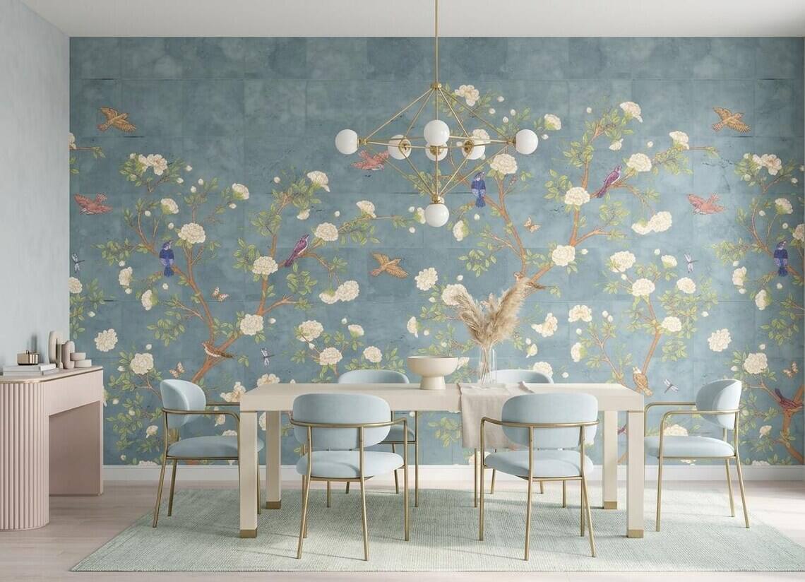 French Moire Chinoiserie Wallpaper Mural Modern Floral Wall Decor Peel And Stick