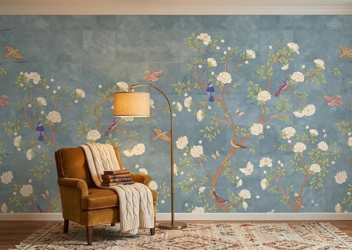 French Moire Chinoiserie Wallpaper Mural Modern Floral Wall Decor Peel And Stick
