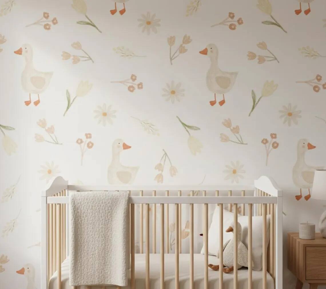 Goose Nursery Wallpaper Soft Pastel Farm Animal Pattern Scandinavian Peel And Stick