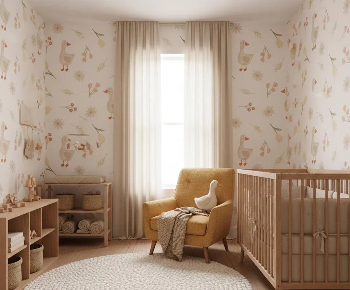Goose Nursery Wallpaper Soft Pastel Farm Animal Pattern Scandinavian Peel And Stick