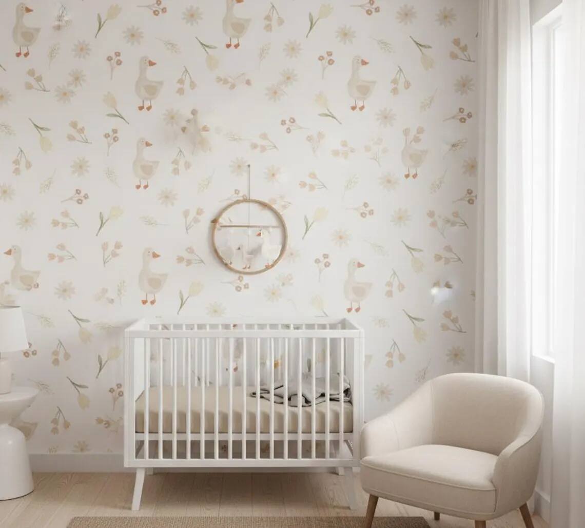 Goose Nursery Wallpaper Soft Pastel Farm Animal Pattern Scandinavian Peel And Stick