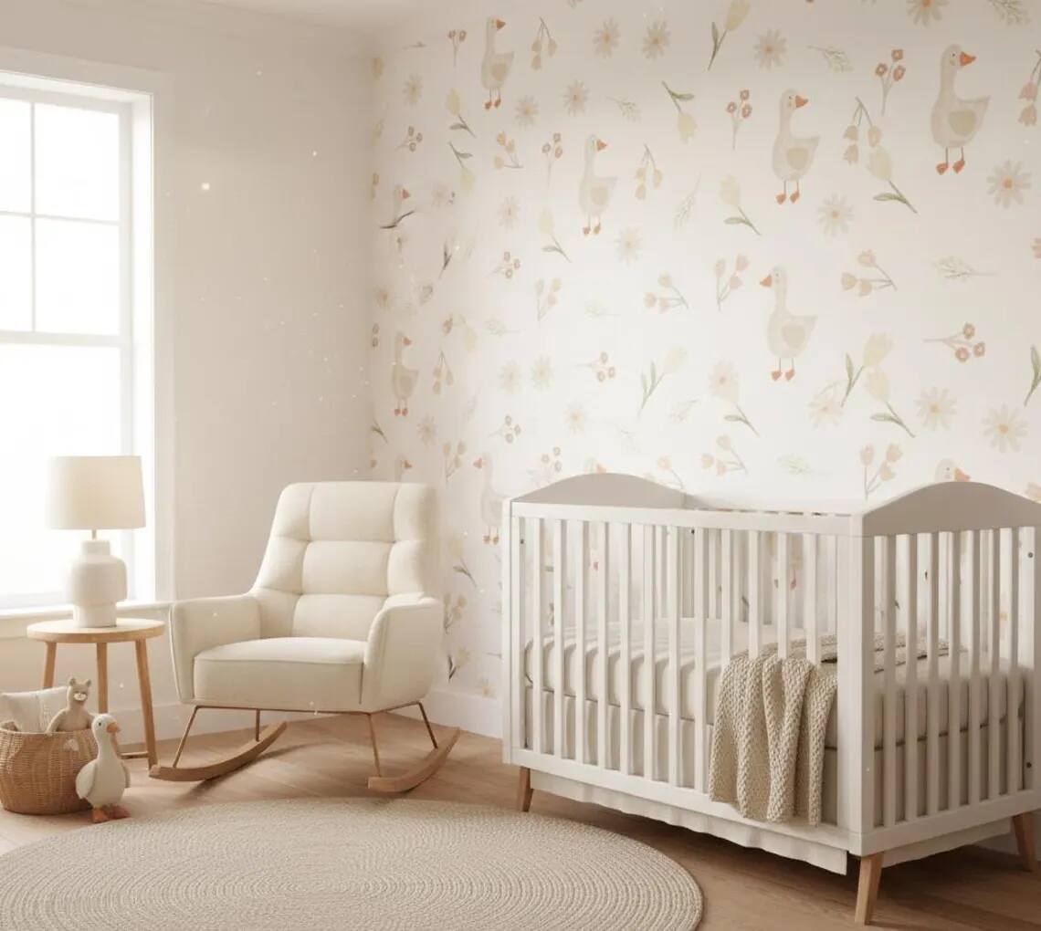 Goose Nursery Wallpaper Soft Pastel Farm Animal Pattern Scandinavian Peel And Stick