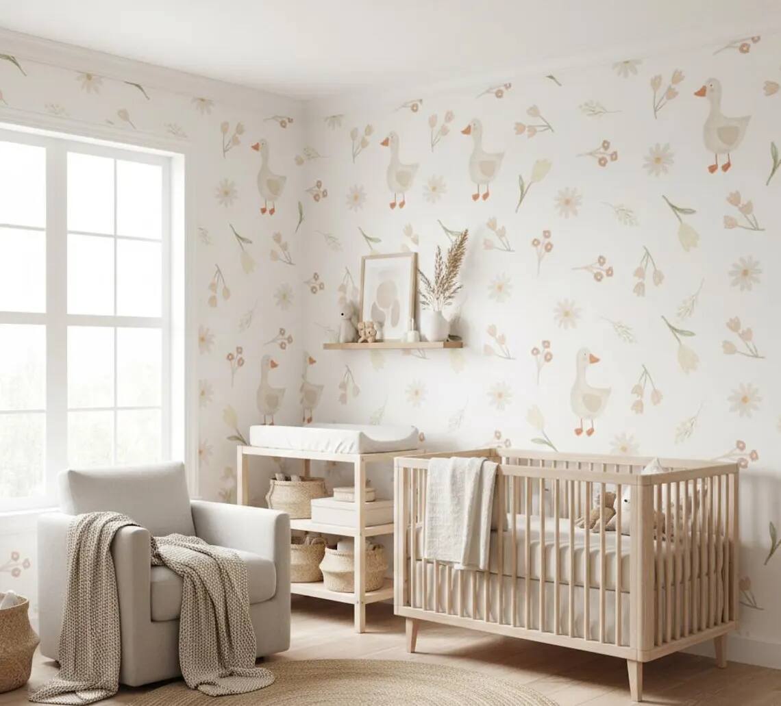 Goose Nursery Wallpaper Soft Pastel Farm Animal Pattern Scandinavian Peel And Stick