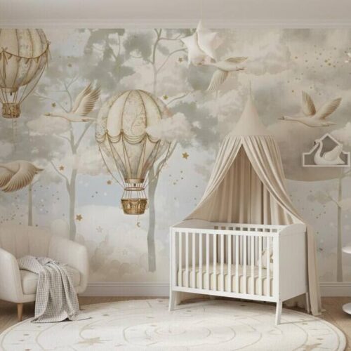 Hot Air Balloon Nursery Wallpaper Flying Swan Wall Mural Forest Wallpaper Peel And Stick Moon And Clouds Wall Art