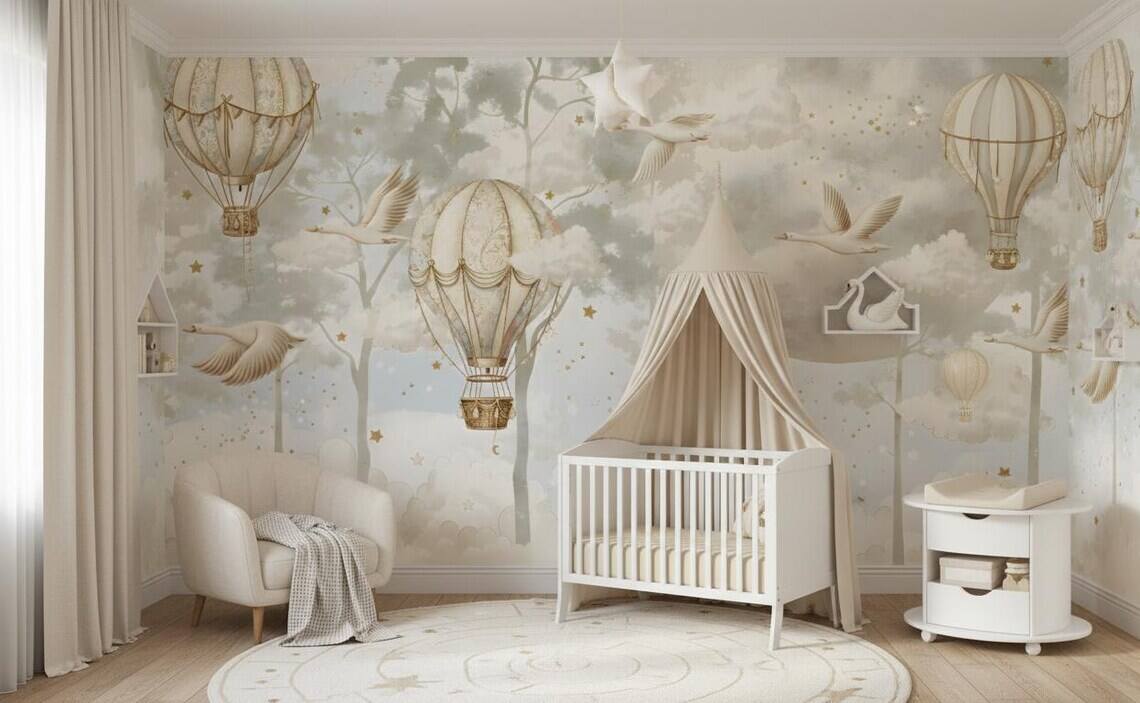 Hot Air Balloon Nursery Wallpaper Flying Swan Wall Mural Forest Wallpaper Peel And Stick Moon And Clouds Wall Art