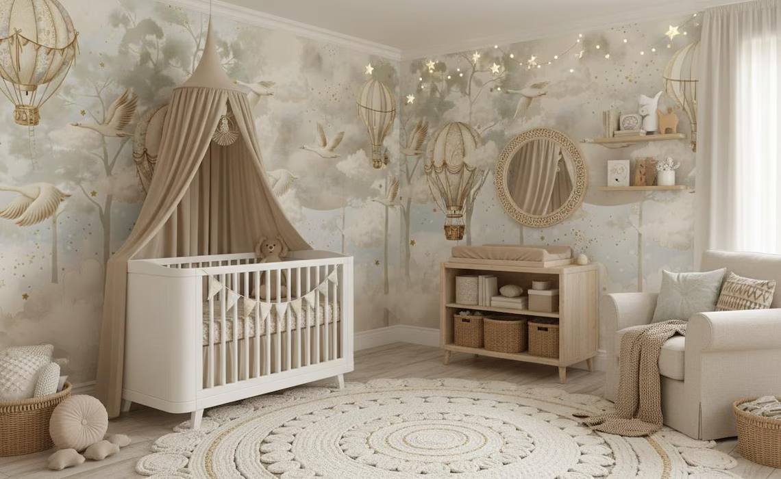 Hot Air Balloon Nursery Wallpaper Flying Swan Wall Mural Forest Wallpaper Peel And Stick Moon And Clouds Wall Art