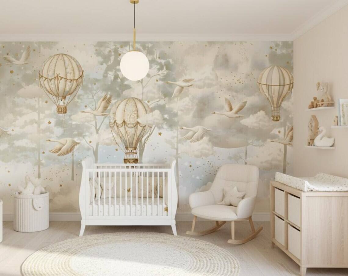 Hot Air Balloon Nursery Wallpaper Flying Swan Wall Mural Forest Wallpaper Peel And Stick Moon And Clouds Wall Art