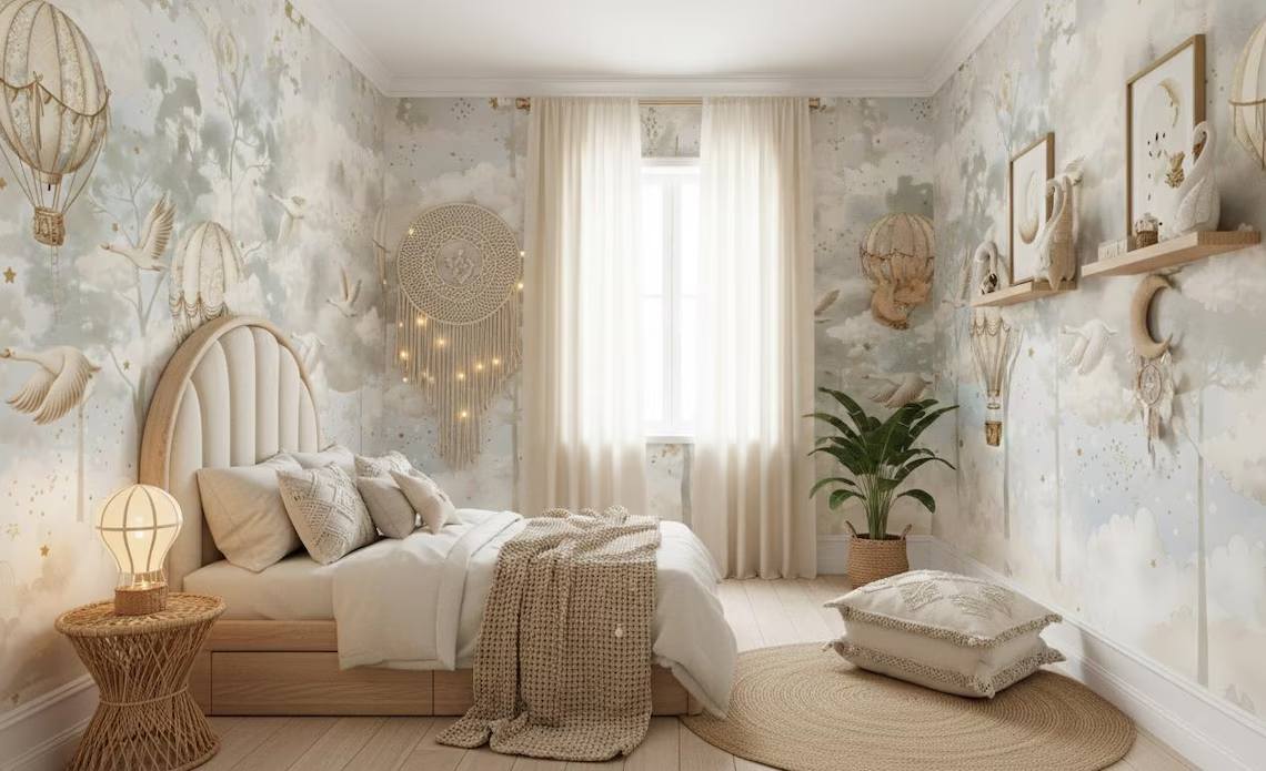 Hot Air Balloon Nursery Wallpaper Flying Swan Wall Mural Forest Wallpaper Peel And Stick Moon And Clouds Wall Art