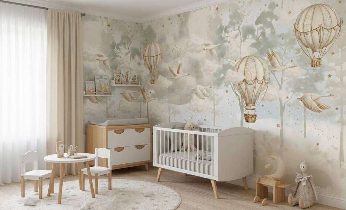 Hot Air Balloon Nursery Wallpaper Flying Swan Wall Mural Forest Wallpaper Peel And Stick Moon And Clouds Wall Art