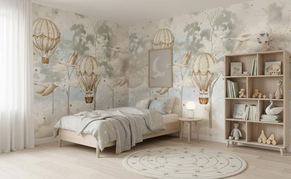 Hot Air Balloon Nursery Wallpaper Flying Swan Wall Mural Forest Wallpaper Peel And Stick Moon And Clouds Wall Art