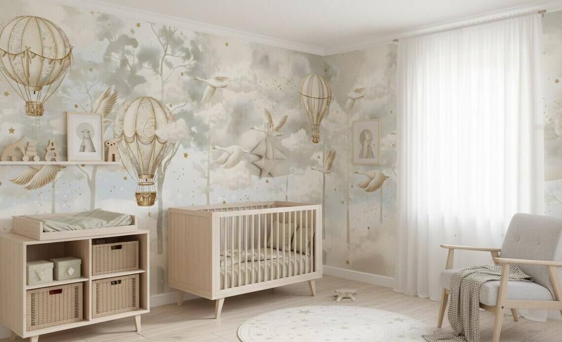 Hot Air Balloon Nursery Wallpaper Flying Swan Wall Mural Forest Wallpaper Peel And Stick Moon And Clouds Wall Art