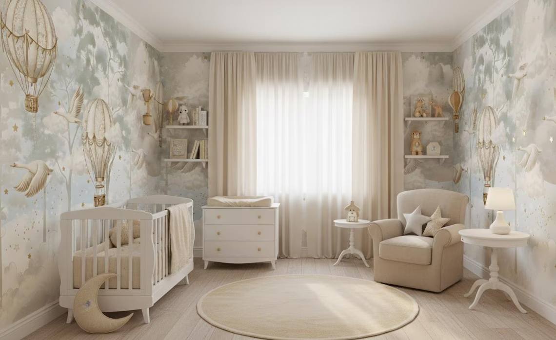 Hot Air Balloon Nursery Wallpaper Flying Swan Wall Mural Forest Wallpaper Peel And Stick Moon And Clouds Wall Art