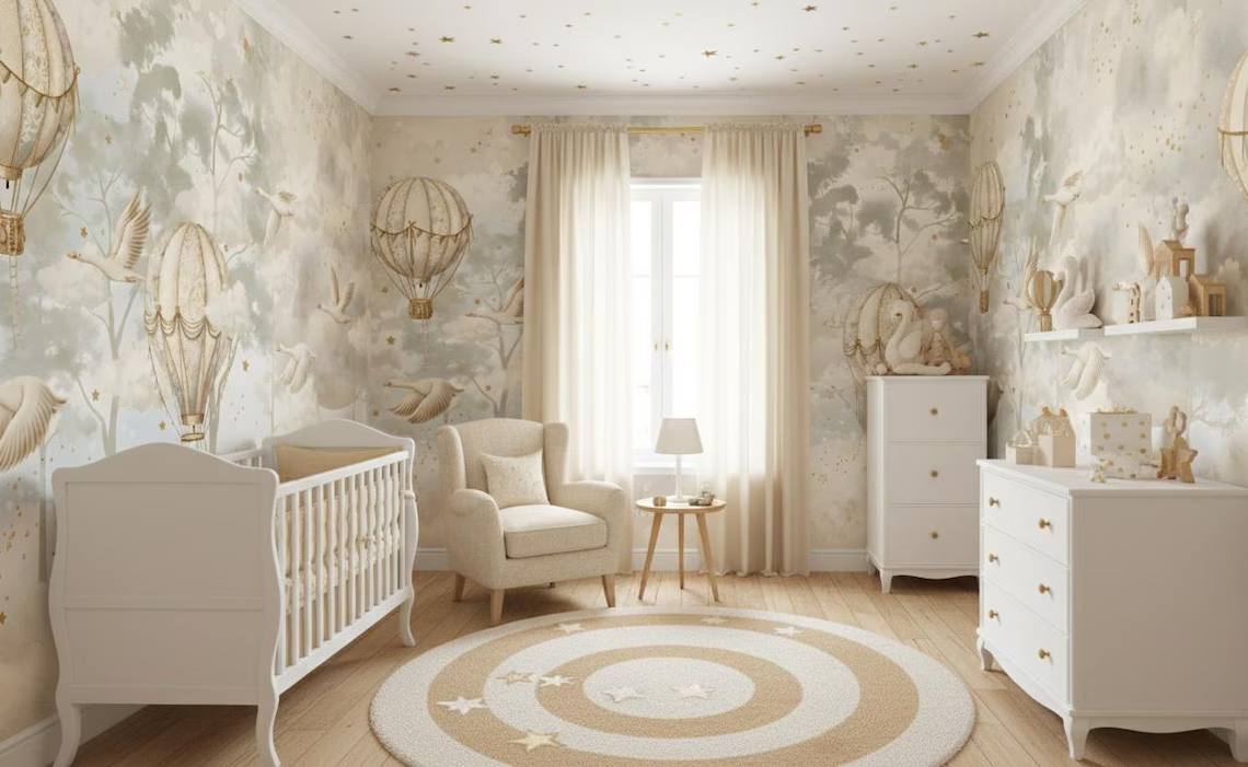 Hot Air Balloon Nursery Wallpaper Flying Swan Wall Mural Forest Wallpaper Peel And Stick Moon And Clouds Wall Art