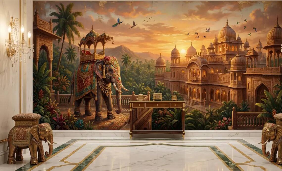 Indian Palace Elephant Mural Antique Gold Mughal Wall Art Vintage Exotic Decor Peel Stick Wallpaper