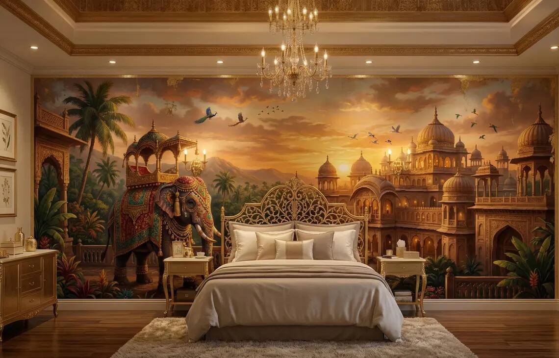 Indian Palace Elephant Mural Antique Gold Mughal Wall Art Vintage Exotic Decor Peel Stick Wallpaper