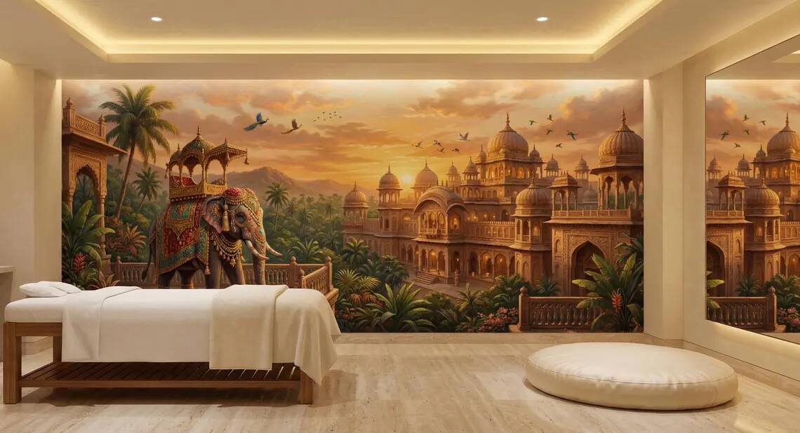 Indian Palace Elephant Mural Antique Gold Mughal Wall Art Vintage Exotic Decor Peel Stick Wallpaper