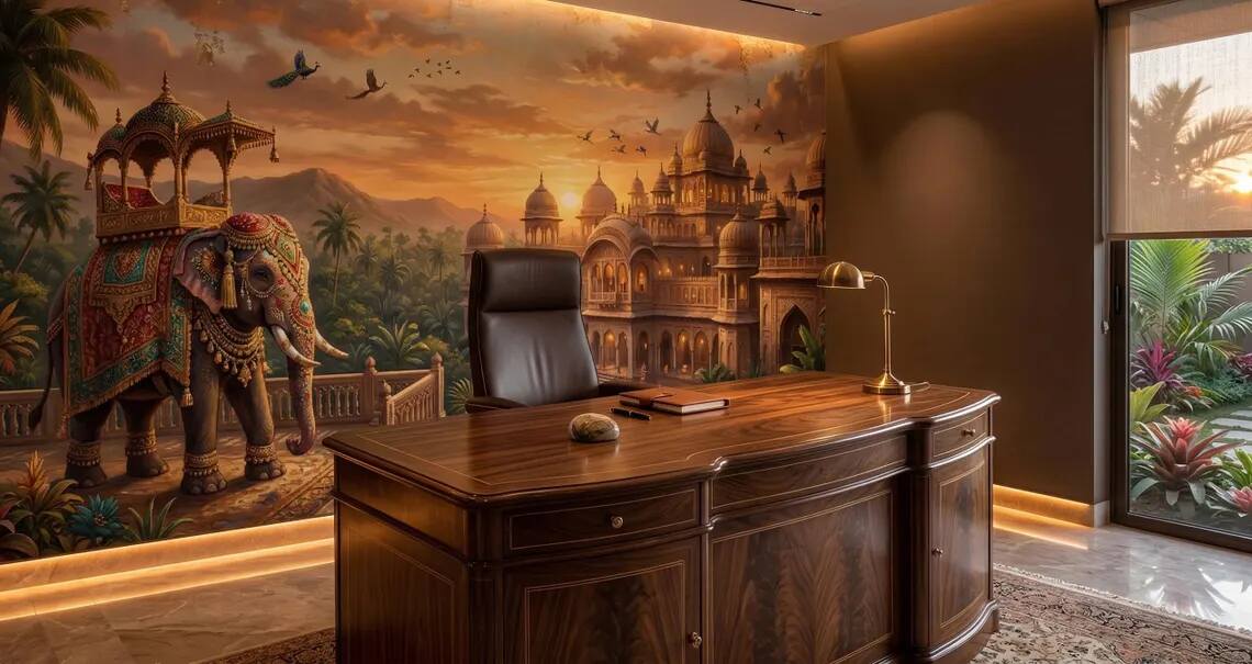 Indian Palace Elephant Mural Antique Gold Mughal Wall Art Vintage Exotic Decor Peel Stick Wallpaper
