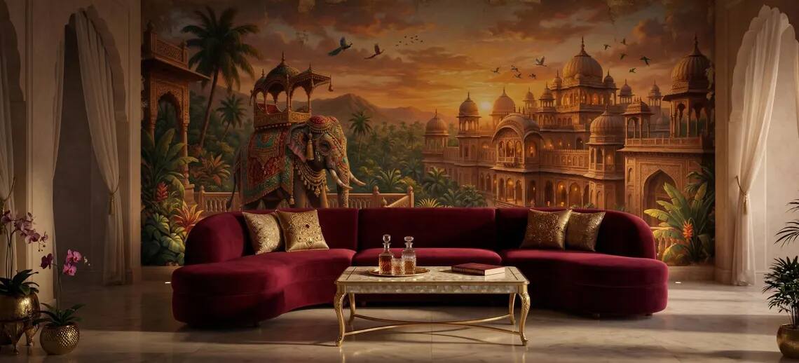 Indian Palace Elephant Mural Antique Gold Mughal Wall Art Vintage Exotic Decor Peel Stick Wallpaper