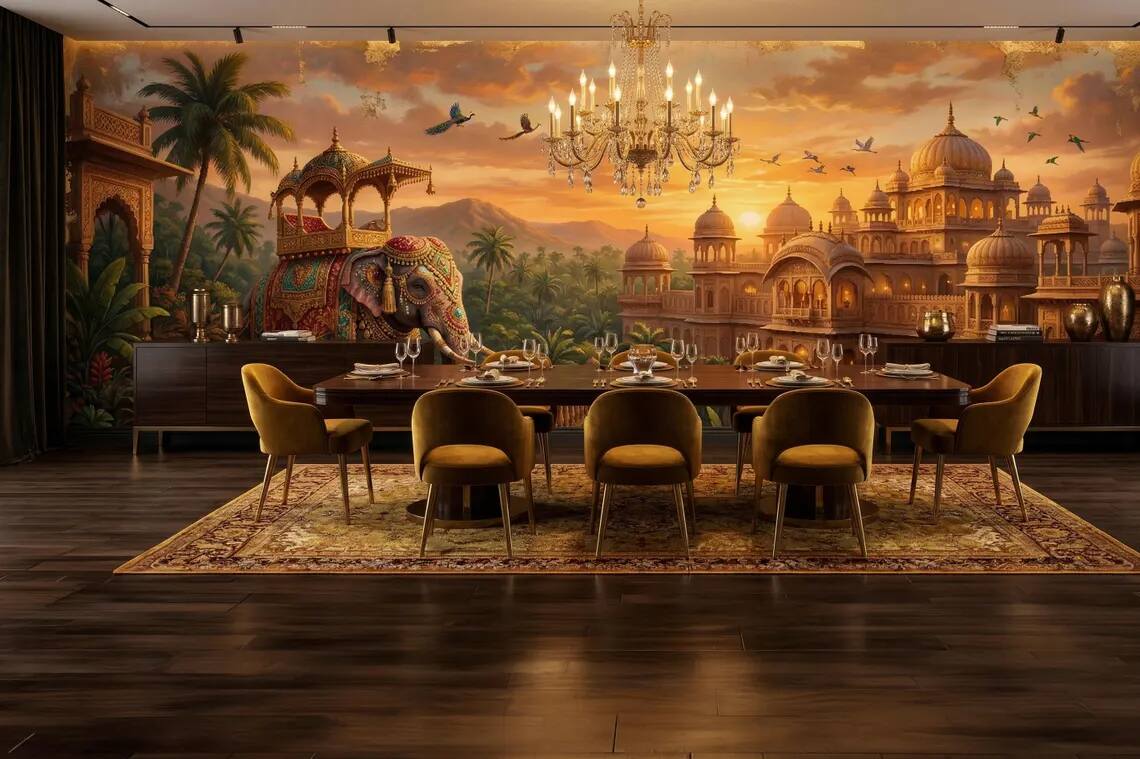 Indian Palace Elephant Mural Antique Gold Mughal Wall Art Vintage Exotic Decor Peel Stick Wallpaper
