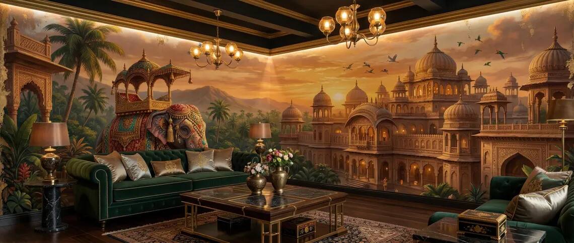 Indian Palace Elephant Mural Antique Gold Mughal Wall Art Vintage Exotic Decor Peel Stick Wallpaper