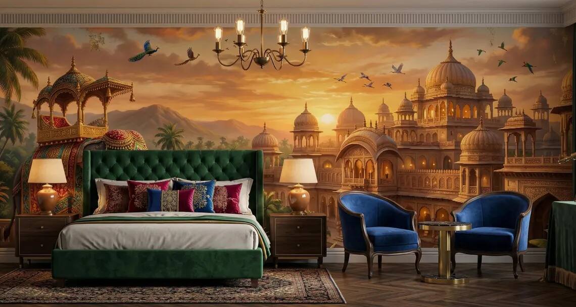Indian Palace Elephant Mural Antique Gold Mughal Wall Art Vintage Exotic Decor Peel Stick Wallpaper