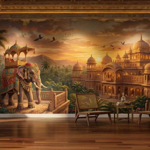 Indian Palace Elephant Mural Antique Gold Mughal Wall Art Vintage Exotic Decor Peel Stick Wallpaper