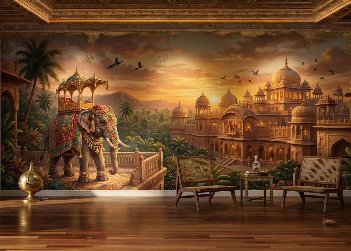 Indian Palace Elephant Mural Antique Gold Mughal Wall Art Vintage Exotic Decor Peel Stick Wallpaper