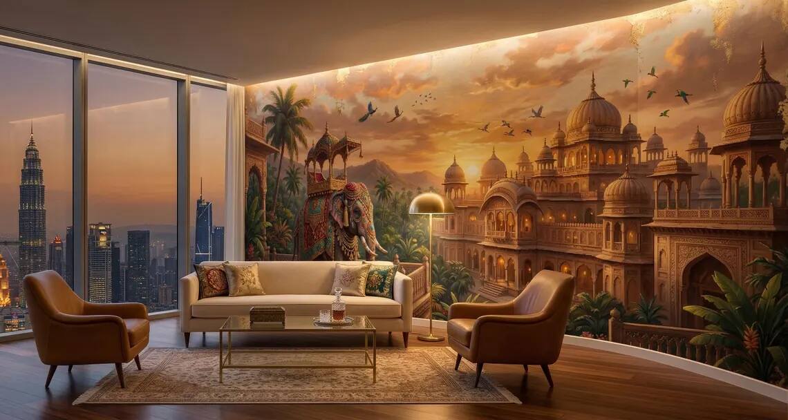 Indian Palace Elephant Mural Antique Gold Mughal Wall Art Vintage Exotic Decor Peel Stick Wallpaper