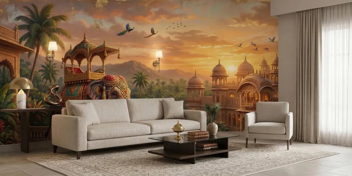Indian Palace Elephant Mural Antique Gold Mughal Wall Art Vintage Exotic Decor Peel Stick Wallpaper