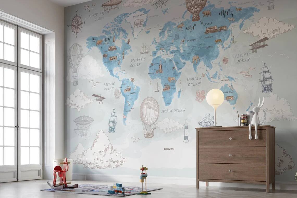 Kids Map Wallpaper Political World Map Wall Mural Hot Air Balloon Animals Wall Cover Kids Room Nursery Self Adhesive Mural