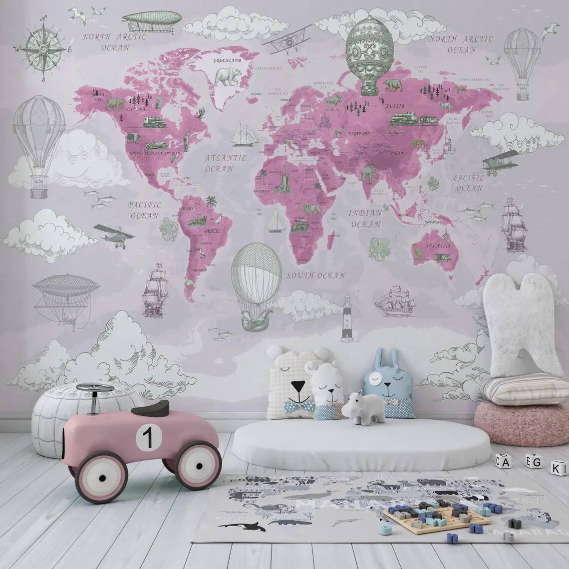 Kids Map Wallpaper Political World Map Wall Mural Hot Air Balloon Animals Wall Cover Kids Room Nursery Self Adhesive Mural
